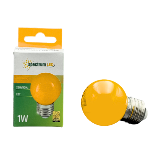 Żarówka LED KULKA E-27 1W 230V w żółtym kolorze, w zestawie 3 sztuki. Okrągła, błyszcząca powierzchnia, gwint E27. Opakowanie z informacjami technicznymi w kolorze białym i zielonym.