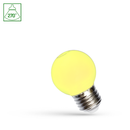 Żarówka LED kulka E-27 o mocy 1W z żółtym szkle, z gwintem E-27, lekko pochylona. W zestawie 3 sztuki. Oświetlenie o kącie 270°. Idealna do dekoracyjnego oświetlenia.