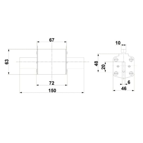 Wkładka bezpiecznikowa NH2 100A 400V, widok z boku i z przodu, wymiary: 150mm x 72mm x 63mm. Rysunek techniczny.