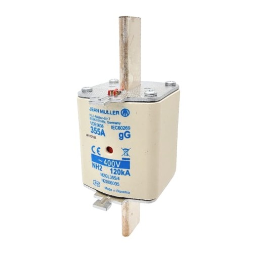 Wkładka bezpiecznikowa NH2 355A 400V, kolor biały, prostokątna obudowa z metalowymi końcówkami. Widoczne oznaczenia: 355A, 400V, NH2, 120kA. Ujęcie frontalne, stojąca. Elementy mocujące w górnej części.