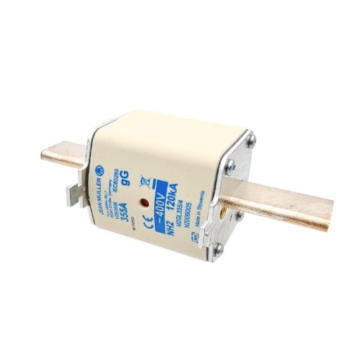 Wkładka bezpiecznikowa NH2 355A 400V, kolor biały, z metalowymi końcówkami. Widoczny napis z parametrami, w tym maksymalne napięcie 400V oraz prąd 355A. Produkt umieszczony na białym tle.