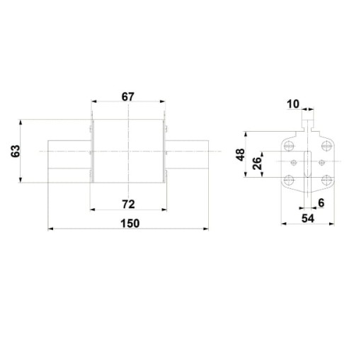 Wkładka bezpiecznikowa NH2 355A 400V, z wymiarami 150 mm x 72 mm x 63 mm. Rysunek techniczny.