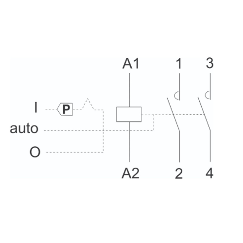 Stycznik modułowy 25A 230V 2Z z ręcznym sterowaniem, z widocznymi terminalami A1, A2 oraz oznaczeniami I, O, P, auto. Rysunek techniczny.