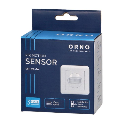 Czujnik ruchu 2-żyłowy, biały, z zakresem detekcji 160°. Widoczny napis „PIR MOTION SENSOR” oraz logo ORNO. Opakowanie zawiera informacje o instalacji w puszce oraz 3-letniej gwarancji.