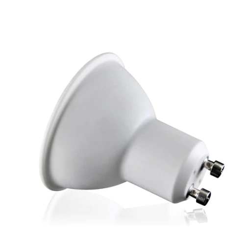 Żarówka LED GU10 3,5W z mleczną szybą, emitująca zimne światło o temperaturze 6500K. Produkt ma okrągłą, białą obudowę i dwa metalowe styki. Ujęcie z boku, ukazujące kształt i sposób montażu.