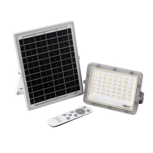 Naświetlacz solarny LED 50W w kolorze białym, z panelem słonecznym i pilotem. Panel stojący z czarnymi ogniwami, naświetlacz z 36 diodami LED, obudowa z metalicznym wykończeniem. Całość na jasnym tle, ukazująca różne elementy zestawu.