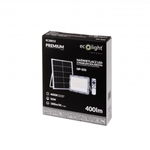 Naświetlacz solarny LED 50W na opakowaniu, z panelem słonecznym i pilotem. Widoczna informacja o neutralnej barwie światła (4000K), mocy (50W) oraz wydajności (180lm/W). Tło opakowania w ciemnym kolorze, z logo marki ecoplight.