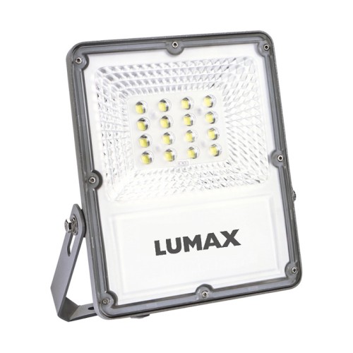 Naświetlacz solarny 15W w barwie neutralnej, z metalową obudową. Przedni panel z 15 diodami LED, wyraźne logo LUMAX. Ujęcie z przodu, produkt ustawiony pionowo z regulowanym uchwytem.