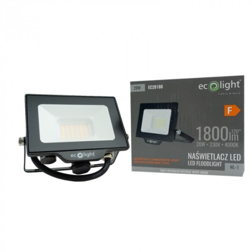 Naświetlacz LED NL-1 20W w kolorze czarnym z białą soczewką, moc 1800 lumenów, temperatura barwowa 4000K. Ujęcie frontalne, produkt leżący obok opakowania z informacjami technicznymi. Widoczne logo ecoplight oraz detale konstrukcyjne.