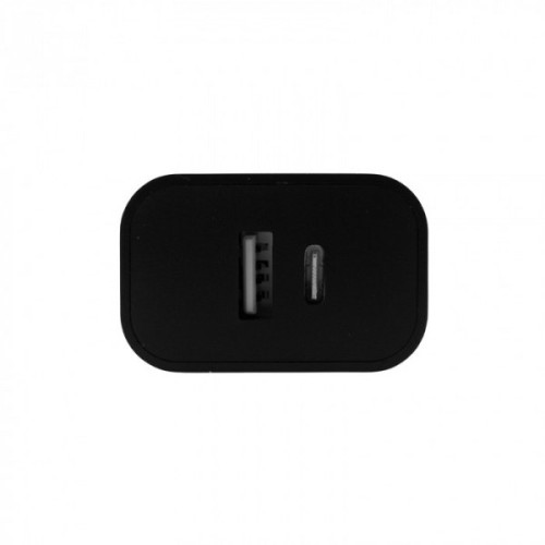 Ładowarka sieciowa 20W w kolorze czarnym z dwoma portami: USB-A i USB-C. Ujęcie frontalne, pokazujące prostokątny kształt i gładką, matową powierzchnię. Widoczne są otwory portów do podłączenia kabli.