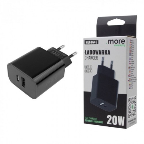 Ładowarka sieciowa 20W w kolorze czarnym, z portami USB-A i USB-C. Produkt widoczny z boku, z widocznymi oznaczeniami na obudowie oraz opakowaniem z informacjami o funkcjach szybkiego ładowania.