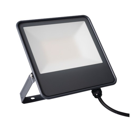 Naświetlacz LED FL 50W w obudowie z czarnego metalu, z białą, prostokątną soczewką. Ustawiony pod kątem, z widocznym kablem zasilającym. Barwa światła neutralna, idealny do oświetlenia zewnętrznego lub wewnętrznego.