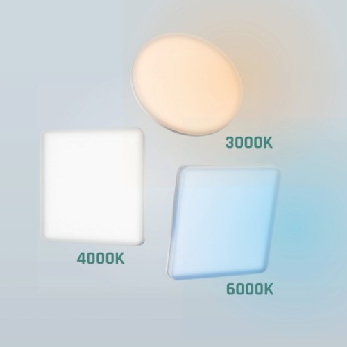 Lampa sufitowa plafon NYMPHEA Fusion w kolorze białym, prezentująca trzy warianty temperatury barwowej: 3000K (ciepła), 4000K (neutralna) oraz 6000K (zimna). Widoczne okrągłe i kwadratowe kształty, z wyraźnymi oznaczeniami.
