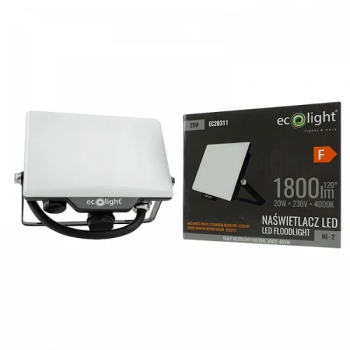 Naświetlacz NL-2 20W w kolorze białym, z metalową obudową, umieszczony na uchwycie, obok opakowania. Wymiary 1800 lm, neutralna barwa 4000K, kąt świecenia 120°. Widoczny napis ecolight na obudowie.
