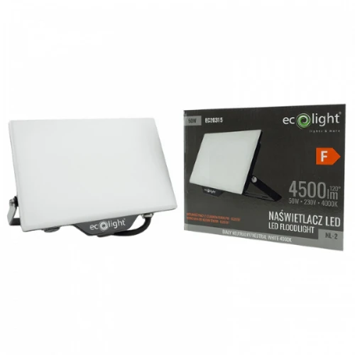 Naświetlacz NL-2 50W w neutralnym białym kolorze, z białą obudową. Produkt widoczny z boku, z opakowaniem obok. Specyfikacja: 4500 lm, 230V, 4000K, kąt świecenia 120°. Idealny do oświetlenia zewnętrznego i wewnętrznego.