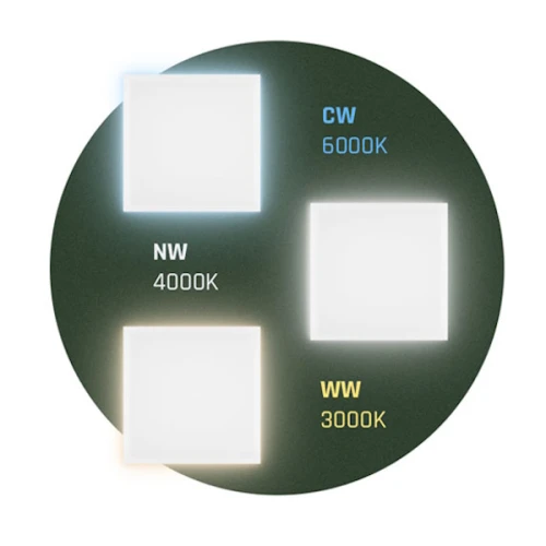 Oprawa sześcienna SCATOLLO 8W 230V IP54 w kolorze białym, o wymiarach 200x100x75 mm. Na obrazku przedstawione różne temperatury barw: CW (6000K), NW (4000K), WW (3000K) w formie kwadratów na ciemnym tle.