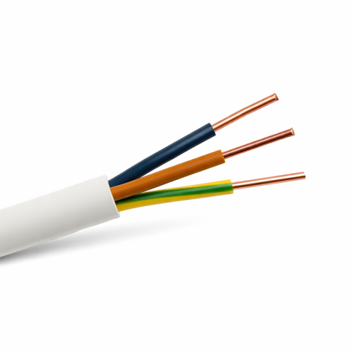 Przewód YDY 3x2,5 mm² w białym izolacyjnym oplotem, z trzema żyłami: niebieską, brązową i żółto-zieloną, zakończonymi miedzianymi końcówkami. Widok z boku, na jednolitym tle. Długość krążka: 100 m, napięcie: 450/750V.