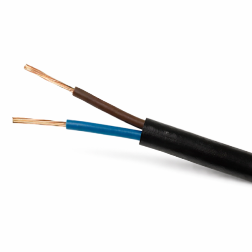 Przewód OMY 2x1,5 (H03VV-F) 300V/300V w czarnym, gładkim oplocie, z widocznymi miedzianymi żyłami: brązową i niebieską. Produkt leży płasko, ukazując szczegóły struktury i kolorów przewodów.