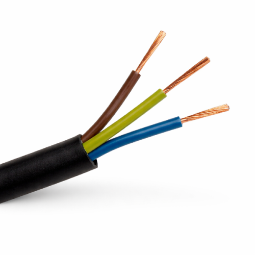 Przewód OWY 3x1,5 (H05VV-F) 300/500V w czarnej izolacji. Widoczne trzy żyły: brązowa, zielono-żółta i niebieska. Produkt leżący, z wyeksponowanymi końcówkami miedzianych przewodów.