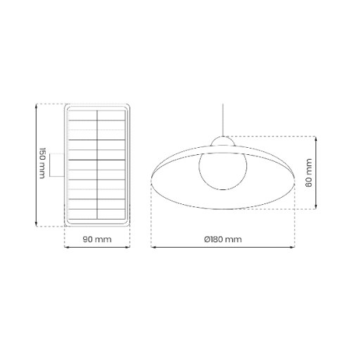Lampa solarna wisząca SATURN 6W, o okrągłym kloszu średnicy 180 mm i wysokości 60 mm, z panelami słonecznymi o wymiarach 90 x 150 mm. Rysunek techniczny.