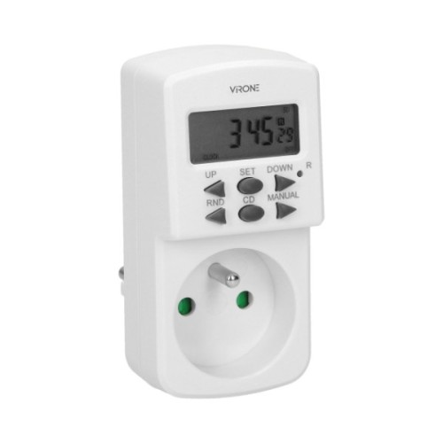Programator czasowy elektroniczny Orno DT-2 o mocy 1800W i natężeniu 8A, w białej obudowie. Wyposażony w wyświetlacz LCD i przyciski do ustawiania czasu. Posiada wtyczkę i gniazdo, przeznaczony do automatyzacji pracy urządzeń elektrycznych.