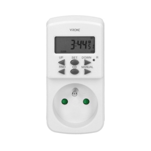 Programator czasowy elektroniczny Orno DT-2 1800W 8A, w kolorze białym, z cyfrowym wyświetlaczem i przyciskami sterującymi. Widoczny gniazdo z dwoma zielonymi wskaźnikami. Produkt stojący, ukazany frontalnie na białym tle.