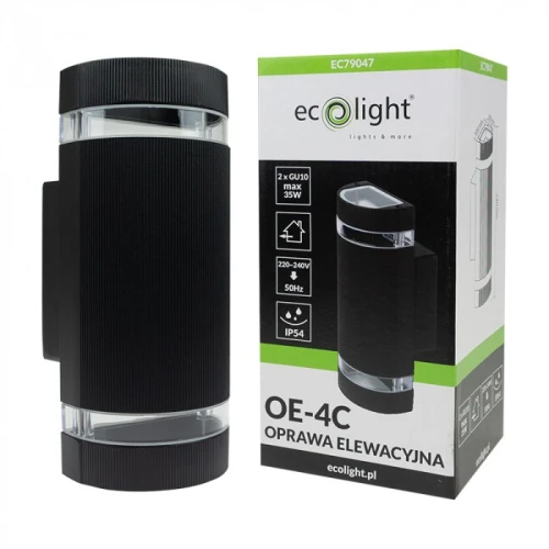 Kinkiet elewacyjny Eco Light EC79047 w kolorze czarnym, z miejscem na dwie żarówki GU10. Produkt o prostokątnym kształcie, z przezroczystą osłoną. Widoczna jest etykieta z informacjami technicznymi oraz logo producenta.