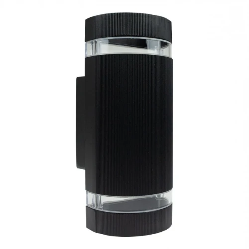 Kinkiet elewacyjny Eco Light EC79047 w kolorze czarnym, z miejscem na dwie żarówki GU10. Posiada prostokątną, teksturowaną obudowę z przezroczystym detalem u dołu. Zamontowany w pozycji pionowej, widoczny z boku.