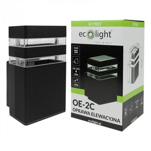 Kinkiet elewacyjny Ecolight EC79027 w kolorze czarnym, wykonany z materiałów odpornych na warunki atmosferyczne (IP54). Posiada prostokątną formę z przezroczystymi detalami. Widoczna jest opakowanie z informacjami technicznymi oraz logo producenta.
