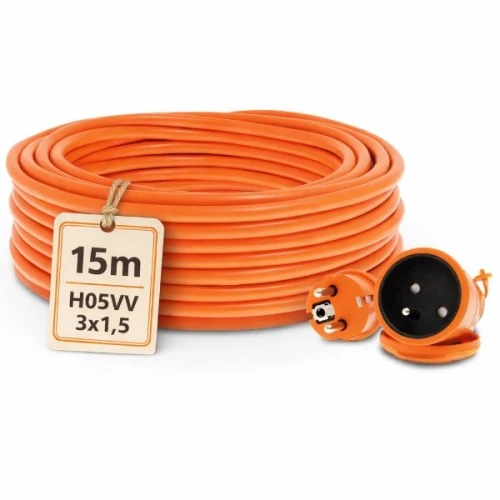 Przedłużacz ogrodowy 15m w kolorze pomarańczowym, wykonany z materiału H05VV-F 3x1,5. Widoczny jest zwinięty kabel oraz wtyczka z trzema gniazdami. Na etykiecie znajduje się informacja o długości i typie kabla.