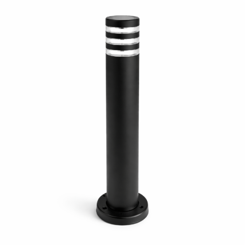 Słupek ogrodowy MIAMI E27 o wysokości 60 cm w kolorze czarnym. Produkt ma okrągły kształt z dekoracyjnymi, metalowymi paskami u góry. Stojący na solidnej podstawie, przeznaczony do montażu na zewnątrz.