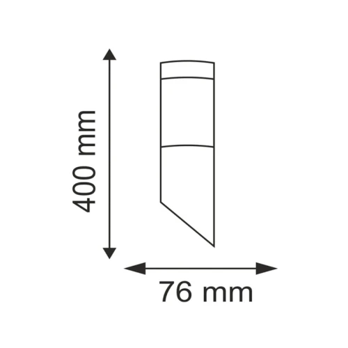 Kinkiet elewacyjny Livia skośny o wymiarach 400 mm x 76 mm, wykonany z materiału w kolorze satynowym. Rysunek techniczny.