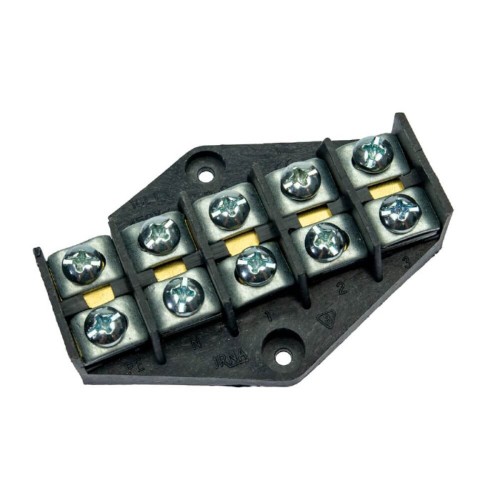 Listwa zaciskowa o wymiarach 5x10mm², maksymalne obciążenie 57A. Produkt w kształcie prostokątnym, z metalowymi zaciskami i śrubami, umieszczony na czarnym tle. Widoczne oznaczenia numerów zacisków oraz otwory montażowe.