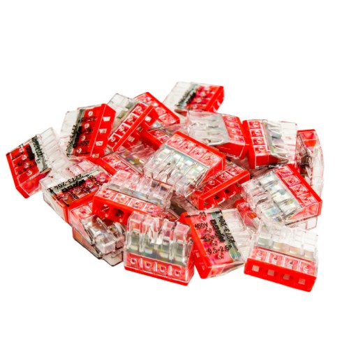 Szybkozłączki drut WAGO 2273-204 w opakowaniu 25 sztuk. Elementy w kolorze czerwonym i przezroczystym, o wymiarach 4x0,5-2,5mm², leżące na białym tle, z widocznymi oznaczeniami i zaciskami do podłączania przewodów.