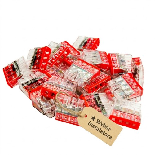 Szybkozłączki WAGO 2273-204 w kolorze czerwonym, przeznaczone do połączeń drutów o przekroju 0,5-2,5 mm². Widoczne 25 sztuk w przezroczystych obudowach, z etykietą Wybór instalatora na brązowym kartoniku.