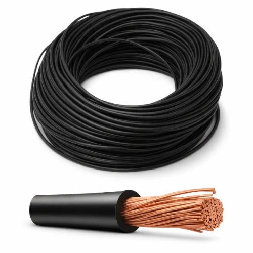 Przewód LGY 1,5 mm² czarny (H07V-K) na krążku o długości 100 m. Widoczny zewnętrzny izolator w kolorze czarnym oraz miedziane żyły wewnętrzne, które są widoczne na końcu przewodu. Ułożony w formie krążka.