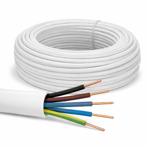 Przewód YDY żo 5x1,5 450/750V w białej izolacji, na krążku o długości 100 mb. Widoczne pięć żył: brązowa, czarna, niebieska, zielono-żółta oraz czerwona, z miedzianymi końcówkami, ukazany w pozycji leżącej.