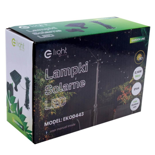 Lampki solarne LED EKO0443, opakowanie z zielonymi akcentami, zawiera informacje o modelu i mocy (0,14W). Z przodu widoczny jest rysunek lampki z zamontowanym panelem solarnym, co podkreśla przeznaczenie do użytku zewnętrznego.