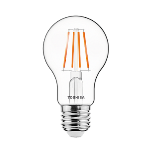 Żarówka LED Filament E27 A60 11W bezbarwna, ściemnialna, z widocznymi pomarańczowymi włóknami w kształcie prostokątnym wewnątrz szklanej bańki. Ujęcie frontalne, produkt ma standardowy gwint E27, wykonany w przezroczystym, prostym designie.
