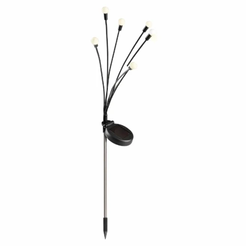 Lampa solarna Fiorini z sześcioma diodami LED, wysokość 70 cm. Stojąca konstrukcja z metalowym słupkiem, czarnym przewodem i kulistymi kloszami w białym kolorze. Idealna do oświetlenia ogrodu lub tarasu.