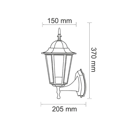 Kinkiet elewacyjny LIGURIA E27 w kolorze czarnym, o wymiarach 370 mm wysokości, 205 mm szerokości i 150 mm głębokości. Stylizowany na latarnię, z zamkniętą górą i sześciokątnym kloszem, montowany na ścianie.
