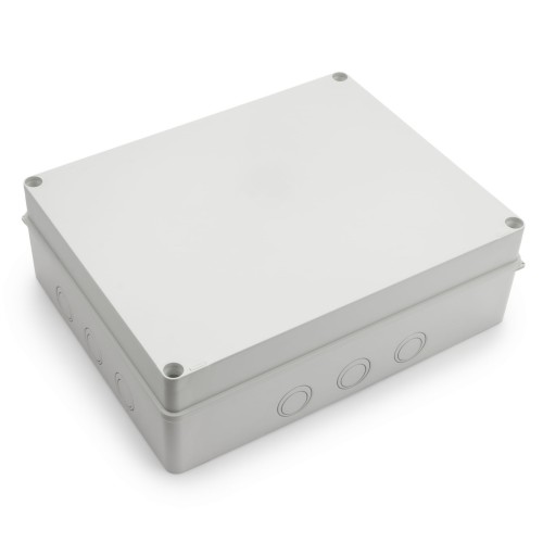 Puszka natynkowa S-BOX616 w kolorze szarym, o wymiarach 300x220x120 mm, z widocznymi trzema otworami na dławiki, wykonana z materiału odpornego na wilgoć (IP65), ustawiona na płasko.