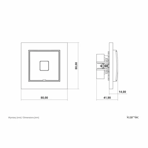 Gniazdo komputerowe Karlik MINI, pojedyncze, 1 x RJ45 kat.6, ekranowane, czarne matowe. Wymiary: 80 x 80 mm. Widok z góry i z boku, pokazujący kształt oraz port RJ45. Idealne do montażu w biurze lub domu.