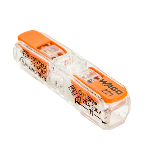 Szybkozłączka przelotowa WAGO 221-2411, przezroczysta obudowa z pomarańczowym włącznikiem, przeznaczona do przewodów 0,2-4 mm². Widoczna etykieta z oznaczeniami napięcia i prądu. Produkt leżący na białym tle. Sprzedawana w zestawie 10 sztuk.