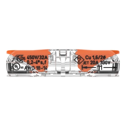 Szybkozłączka przelotowa WAGO 221-2411, z przezroczystą obudową, pomarańczowymi złączami. Oznaczenia: 450V/32A, 0,2-4mm², Cu 1,6/2,0. Widok z boku, w pozycji leżącej, ukazujący szczegóły techniczne i oznaczenia.