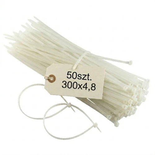 Biała opaska kablowa o wymiarach 350x4,8 mm, zapakowana w zestawie 50 sztuk. W widoku z góry, widoczny metka z informacją o ilości i rozmiarze. Opaski mają gładką fakturę i zaokrąglone końce, idealne do mocowania kabli.