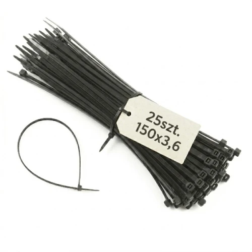 Czarna opaska kablowa o wymiarach 150x3,6 mm, pakowana po 25 sztuk. Widoczna etykieta z informacjami o rozmiarze. Opaski mają prosty kształt z ząbkowanym mechanizmem zaciskowym, idealne do organizacji kabli i innych przedmiotów.