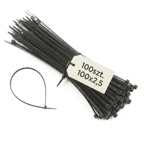 Czarna opaska kablowa 100x2,5 mm, w zestawie 100 sztuk. Produkt w pozycji leżącej, z widoczną etykietą opisującą ilość i rozmiar. Elementy mają prostokątny kształt z ząbkowanym końcem, przeznaczone do mocowania kabli.