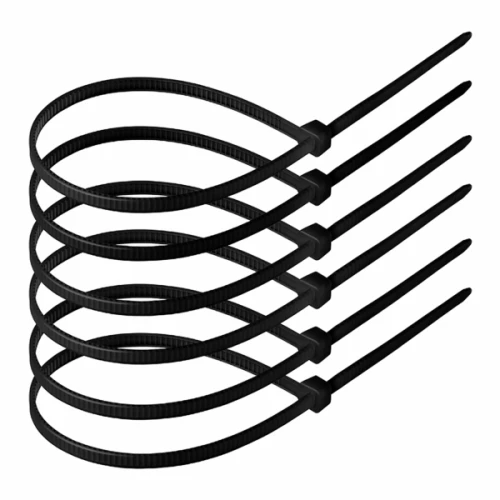 Zestaw czarnych opasek zaciskowych w różnych długościach: 100 mm (2,5 mm), 200 mm (2,5 mm), 300 mm (3,6 mm), 300 mm (4,8 mm), 300 mm (7,5 mm). Widać sześć opasek ułożonych w stos, z widocznymi ząbkami na długości. Całość w opakowaniu 100 sztuk.