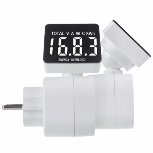 Miernik zużycia energii elektrycznej W-72036 w kolorze białym, z wyświetlaczem LCD. Na ekranie widoczny pomiar 16,8 W oraz komunikat ENERGY OVERLOAD. Produkt ma kształt prostokątny z wtyczką, ustawiony pod kątem.
